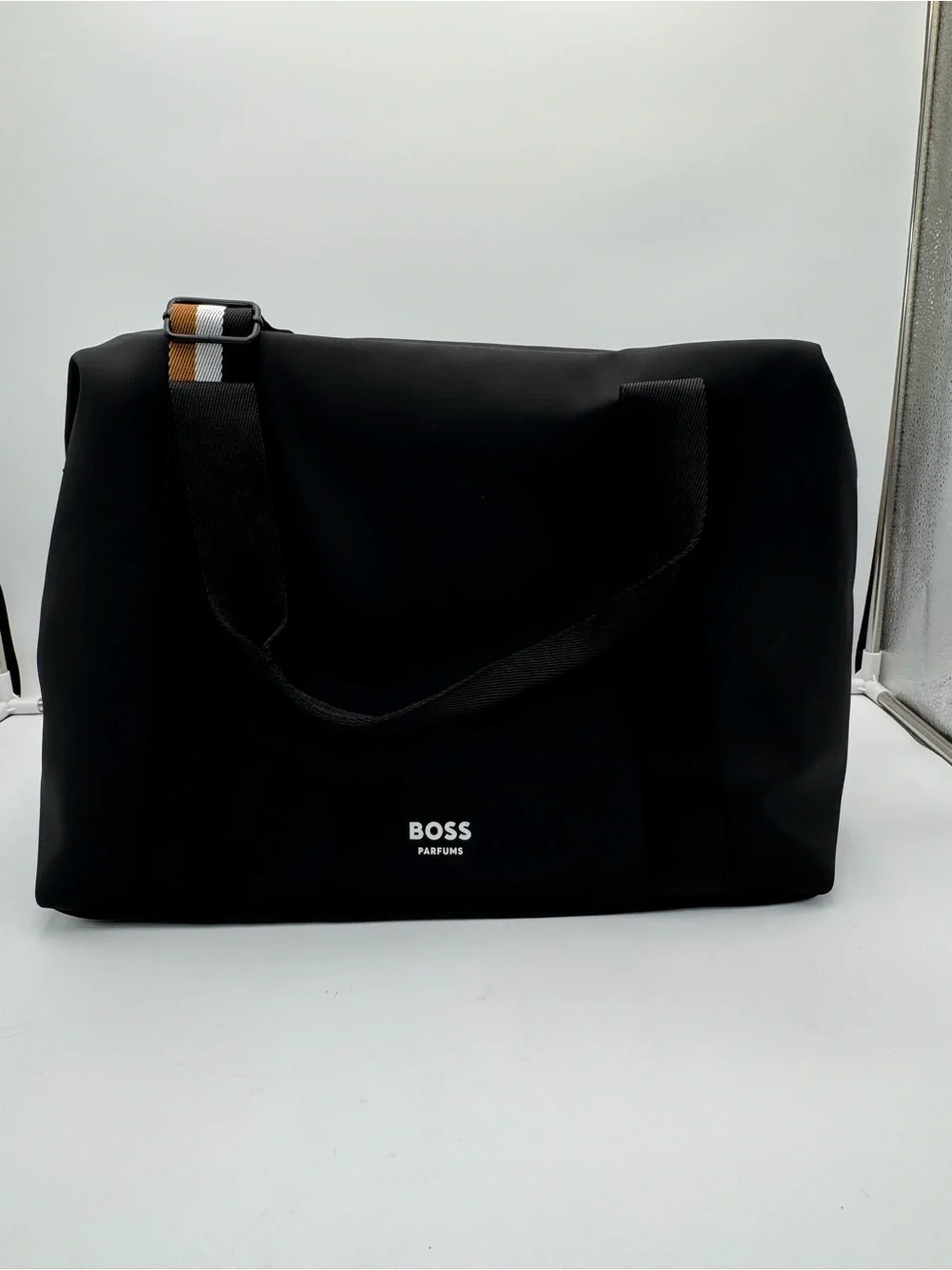 Hugo BOSS Parfums Black Weekender Duffel Travel Gym Bag Striped Handles Zip Tote